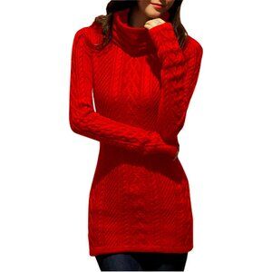 Women's Polo Neck Long Fitted Dress Bodycon Turtleneck Cable Knit Sweater Red